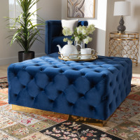 Baxton Studio TSF-6690-Royal Blue/Gold-Otto Verene Glam and Luxe Royal Blue Velvet Fabric Upholstered Gold Finished Square Cocktail Ottoman